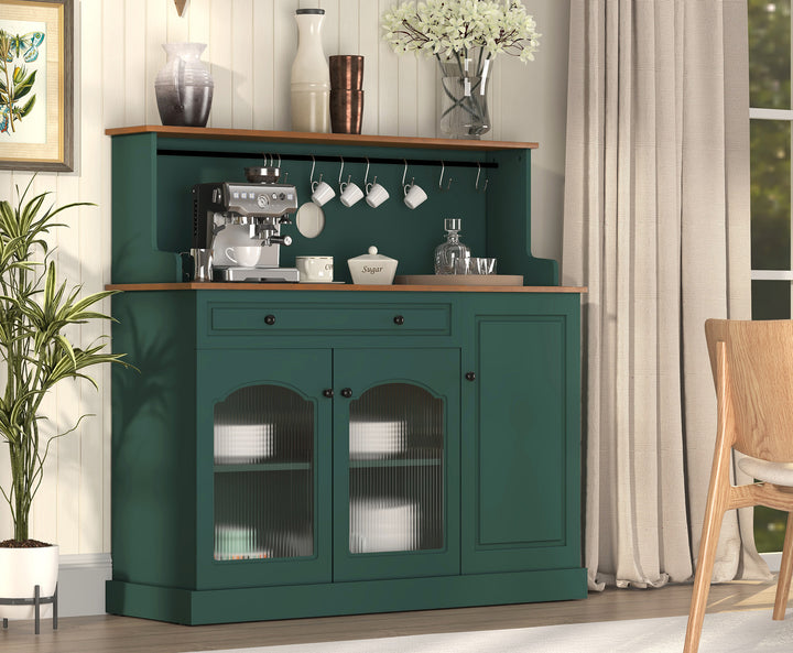 HLR® 48" Farmhouse-Style Kitchen Pantry with Glass Doors & Drawer – Wood Coffee Bar Cabinet with Microwave Hutch for Living & Dining Rooms