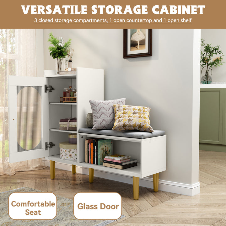 HLR® Modern Shoe Cabinet Bench – Glass Door, Shelf & Padded Seat – Multifunctional Storage for Entryway & Hallway