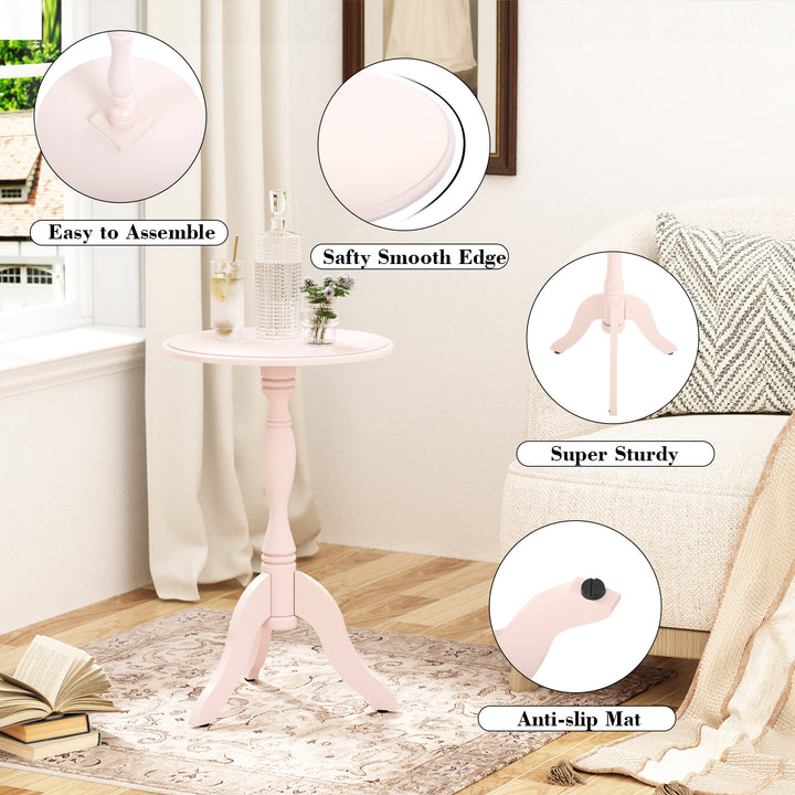 HLR® Pink Round Wooden Pedestal End Table – Vintage-Inspired Side Table with Textured Design for Living, Bedroom & Entryway