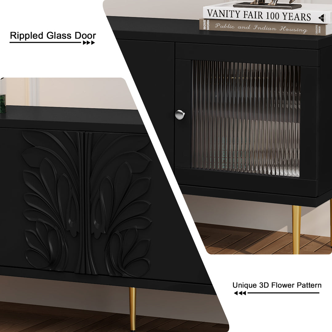 HLR® 75" Mid Century Modern TV Stand – 3D Flower Pattern Wood Entertainment Center with Fluted Glass Doors & Storage – Media Console for Living Room