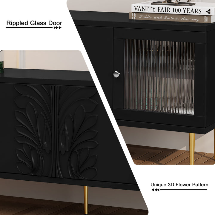 HLR® 75" Mid Century Modern TV Stand – 3D Flower Pattern Wood Entertainment Center with Fluted Glass Doors & Storage – Media Console for Living Room