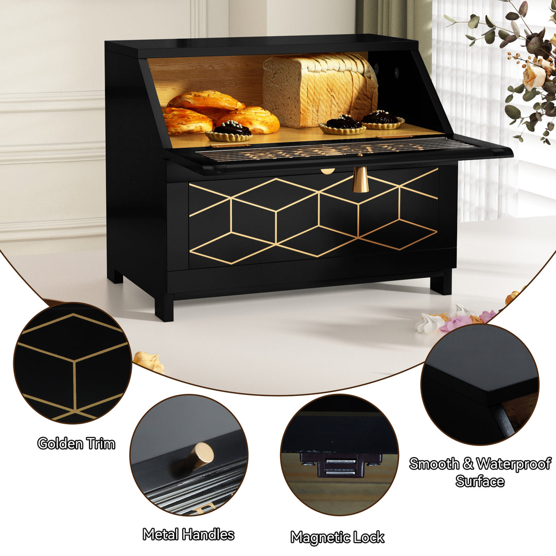 HLR® Double Layer Wooden Bread Box with Golden Trim – Space-Saving Corner Design – Countertop Kitchen Storage