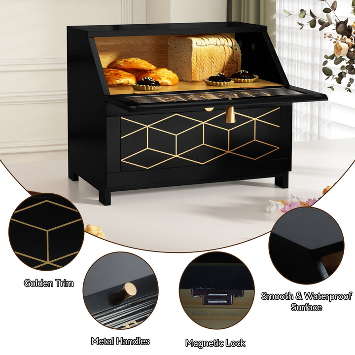 HLR® Double Layer Wooden Bread Box with Golden Trim – Space-Saving Corner Design – Countertop Kitchen Storage