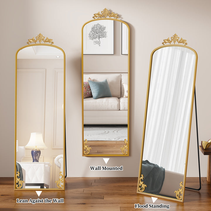 HLR® Arched Full Length Floor Mirror with Carved Metal Frame – 65" Tall – Stylish Home Decor for Bedroom, Dressing Room & Entryway