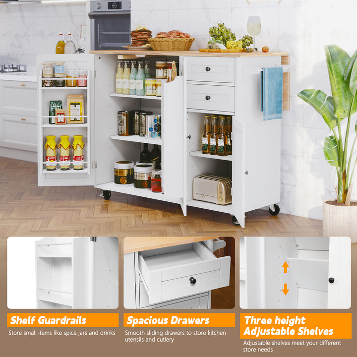 HLR® 50.4" Multifunctional Wooden Kitchen Island – 3 Doors, 2 Drawers, Spice Rack & Storage (Prep & Organization Cart)
