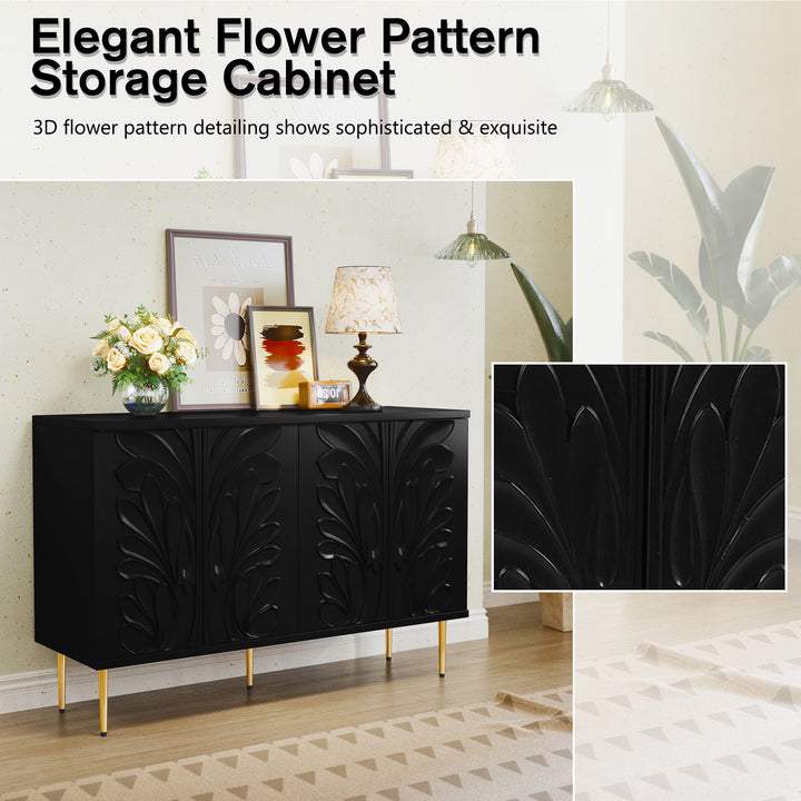 HLR® 47.24''W Modern Credenza Sideboard – 4-Door 3D Floral Design Storage Cabinet for Dining & Kitchen