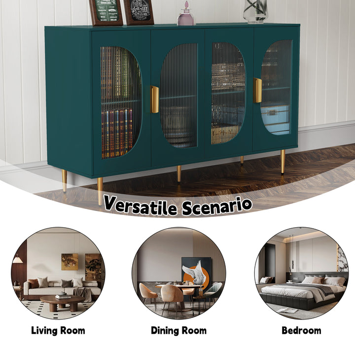 HLR® Wood Accent Sideboard Buffet with 4-Glass Door Storage – Stylish Organizer for Dining, Kitchen, Living Room & Hallway