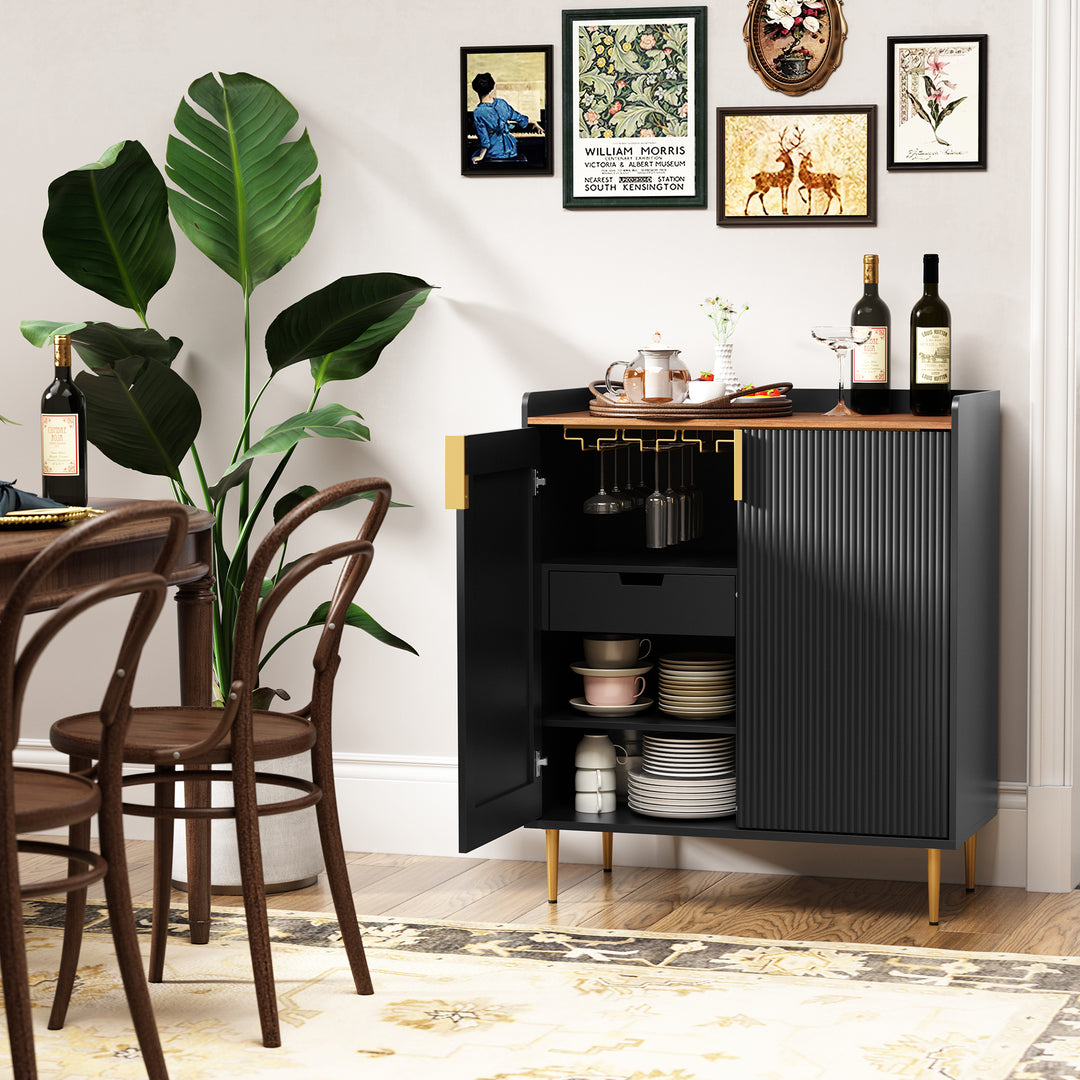 HLR® Coffee Bar Cabinet with Wine Racks – Fluted Texture Liquor Cabinet Modern Sideboard Buffet for Kitchen, Dining & Living Room