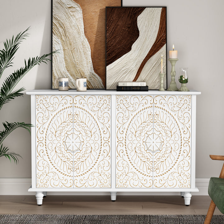 HLR® Hand-Carved Floral Wood Credenza Sideboard – 4-Door Storage & Decorative Organizer for Entryway, Living & Dining