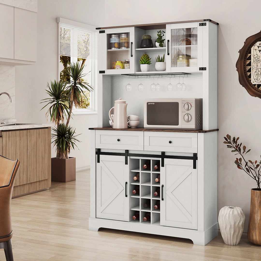 HLR® Wine Bar Buffet Cabinet – Sliding Barn Door, Drawers & Wine/Glass Rack – Stylish Storage for Dining Room