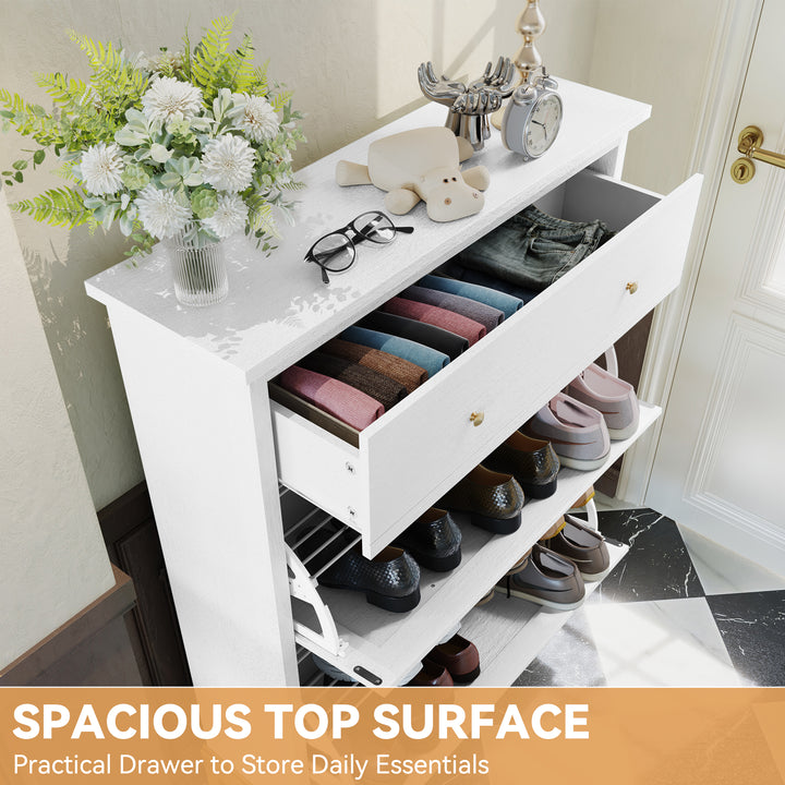 HLR® Space-Saving Hidden Shoe Cabinet – 2 Flip-Doors & 1 Drawer – Compact Storage for Entryway & Front Door