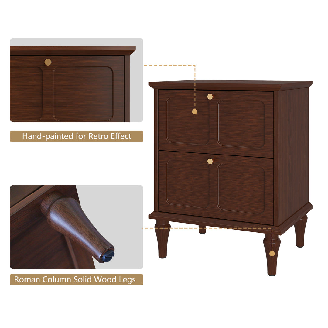 HLR® Mid-Century Modern Brown Nightstand – 2-Drawer Solid Wood End Table with Storage for Bedroom (Tapered Legs)