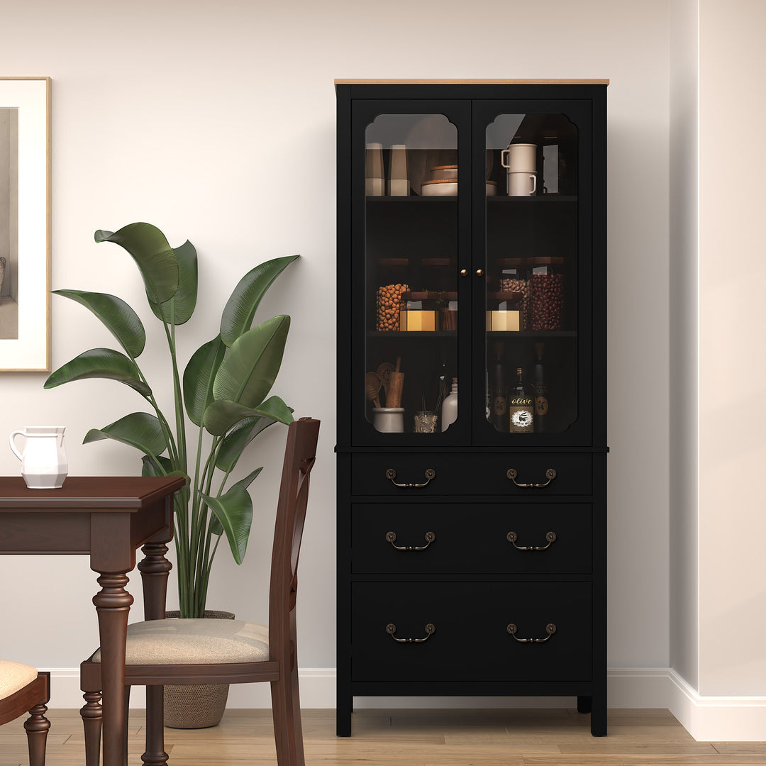 HLR® White Freestanding Tall Pantry Cabinet – Tempered Glass Doors & Adjustable Shelves – Storage for Kitchen & Dining Rooms