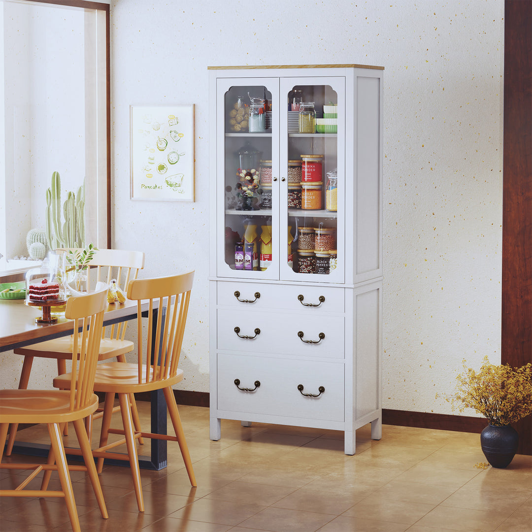 HLR® White Freestanding Tall Pantry Cabinet – Tempered Glass Doors & Adjustable Shelves – Storage for Kitchen & Dining Rooms
