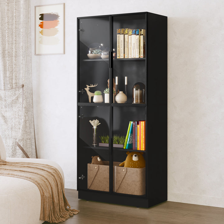 HLR® Modern Tall Glass-Door Curio Display Cabinet – 4-Tier Shelving for Collectibles – Stylish Showcase for Living Room & Home Office