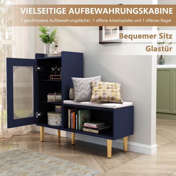HLR® Modern Shoe Cabinet Bench – Glass Door, Shelf & Padded Seat – Multifunctional Storage for Entryway & Hallway