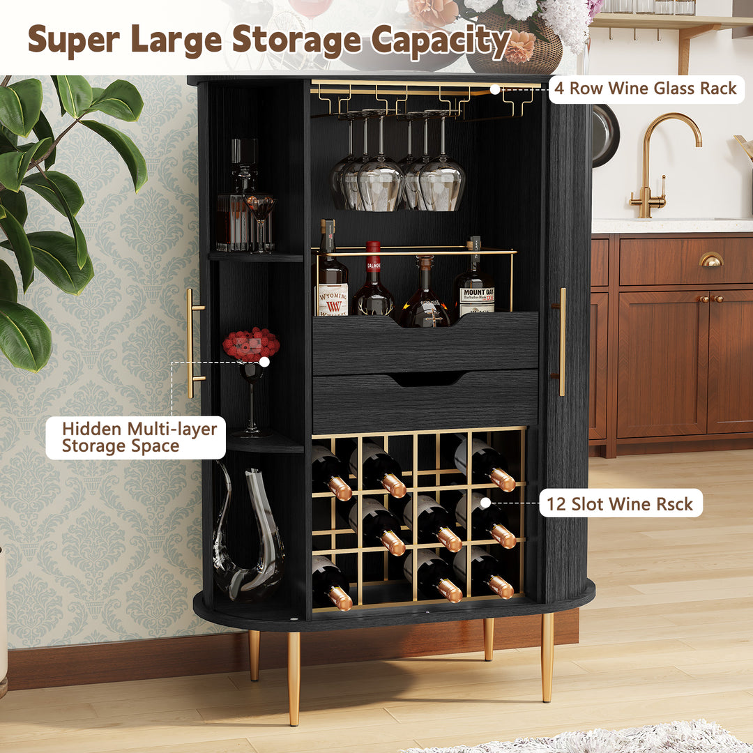 HLR® Modern Tambour Door Coffee Bar Cabinet with Wine Rack, Glass Holder & Spacious Storage for Living Room & Dining Area