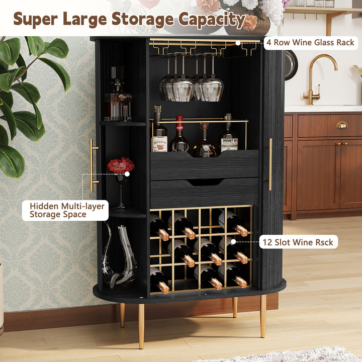 HLR® Modern Tambour Door Coffee Bar Cabinet with Wine Rack, Glass Holder & Spacious Storage for Living Room & Dining Area