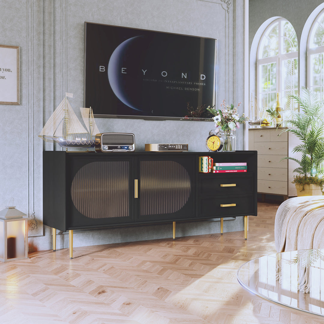 HLR® Modern Wood TV Stand – Glass Door & Drawers – Stylish Storage for Living Room