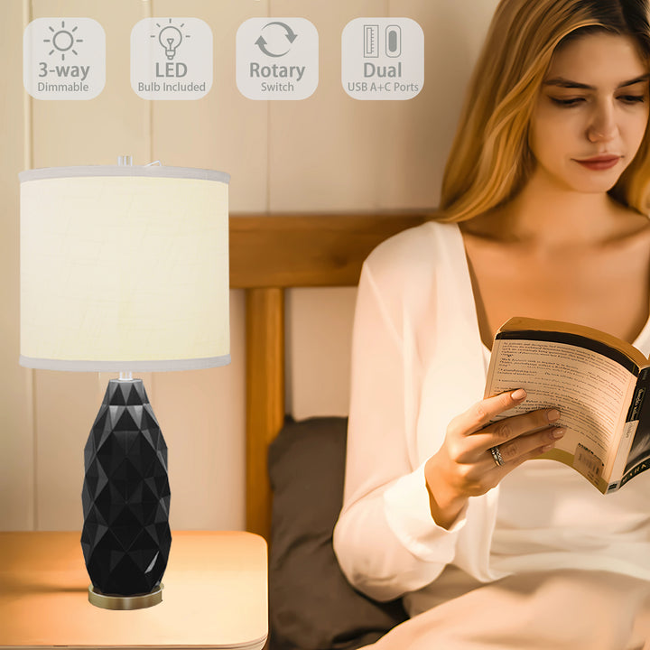 HLR® Set of 2 Modern 3-Way Dimmable Table Lamps with LED Bulbs Included and USB Charging Port for Bedside and Living Room Use