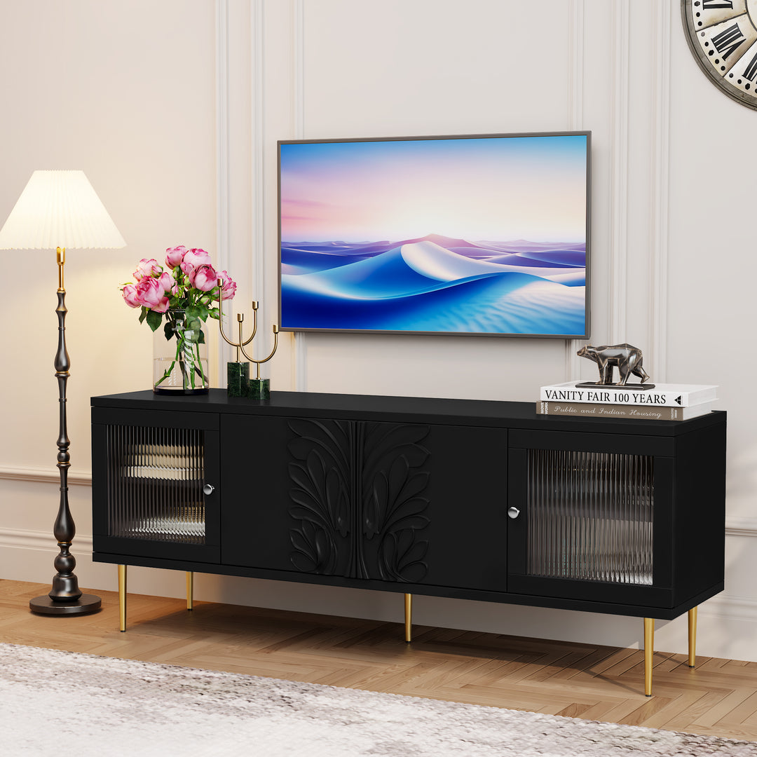 HLR® 75" Mid Century Modern TV Stand – 3D Flower Pattern Wood Entertainment Center with Fluted Glass Doors & Storage – Media Console for Living Room
