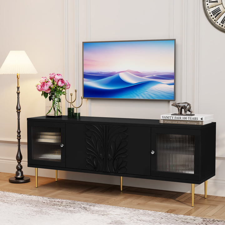 HLR® 75" Mid Century Modern TV Stand – 3D Flower Pattern Wood Entertainment Center with Fluted Glass Doors & Storage – Media Console for Living Room