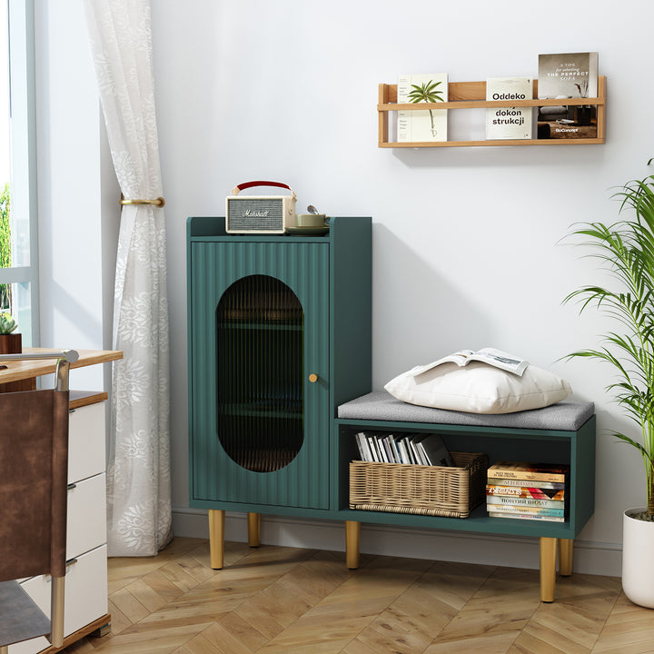 HLR® Modern Shoe Cabinet Bench – Glass Door, Shelf & Padded Seat – Multifunctional Storage for Entryway & Hallway