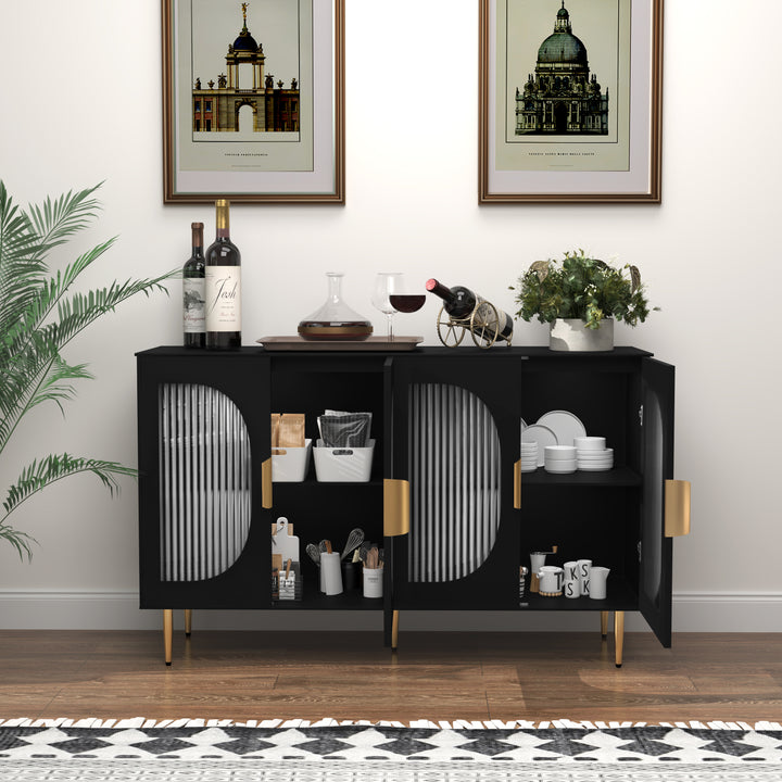 HLR® Wood Accent Sideboard Buffet with 4-Glass Door Storage – Stylish Organizer for Dining, Kitchen, Living Room & Hallway