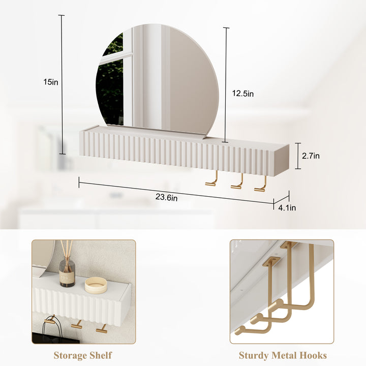 HLR® Round Wall Mirror with Shelf & Hooks – Functional Decor for Bathroom, Entryway, Bedroom & Living Room