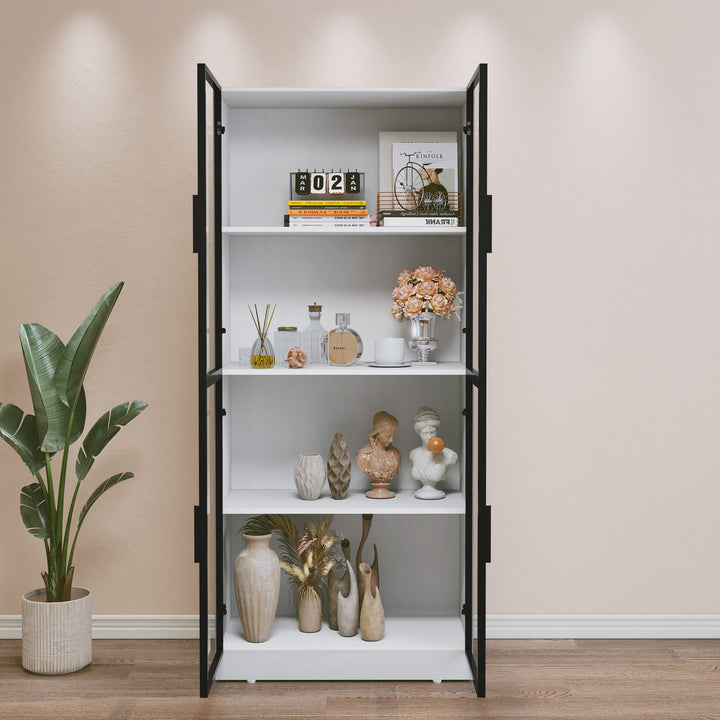HLR® Modern Tall Glass-Door Curio Display Cabinet – 4-Tier Shelving for Collectibles – Stylish Showcase for Living Room & Home Office