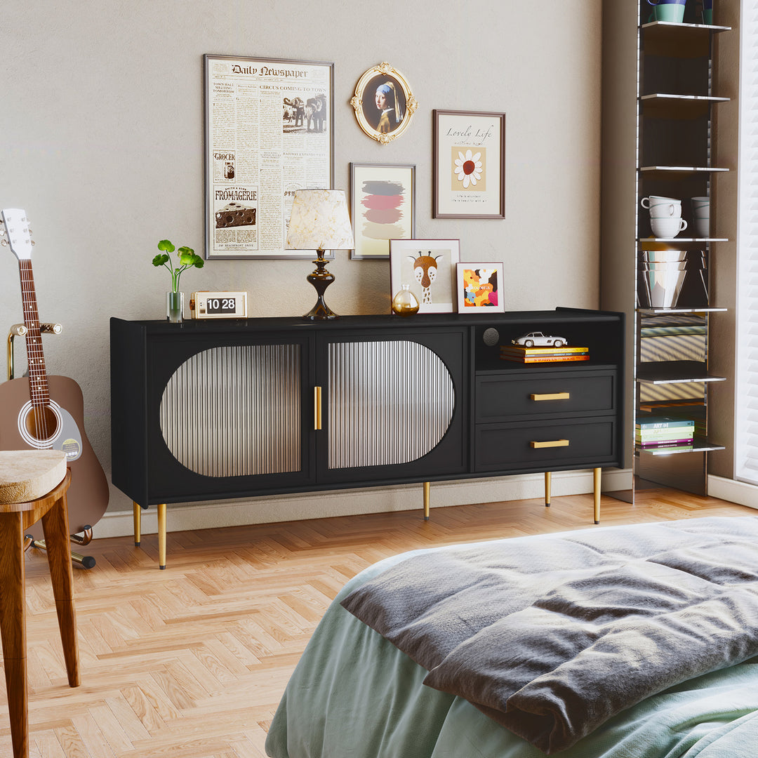 HLR® Modern Wood TV Stand – Glass Door & Drawers – Stylish Storage for Living Room