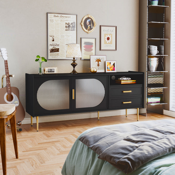 HLR® Modern Wood TV Stand – Glass Door & Drawers – Stylish Storage for Living Room