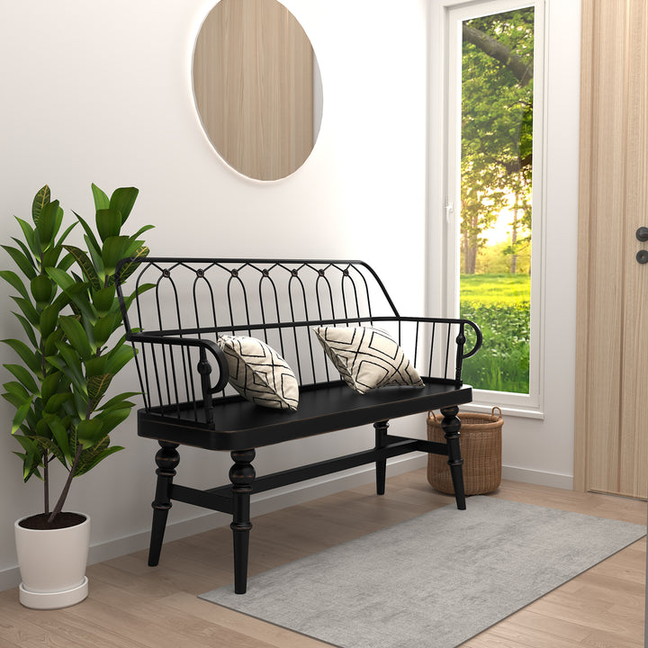 HLR® Mid-Century Modern Entryway Bench – Metal Frame with Solid Wood Legs | Industrial Hallway Seating with Retro Charm