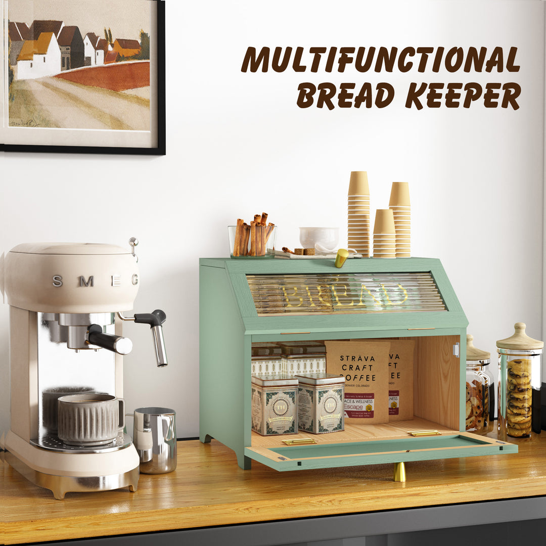 HLR® Double Layer Wooden Bread Box with Golden Trim – Space-Saving Corner Design – Countertop Kitchen Storage