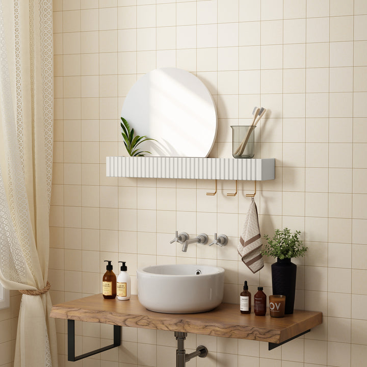 HLR® Round Wall Mirror with Shelf & Hooks – Functional Decor for Bathroom, Entryway, Bedroom & Living Room
