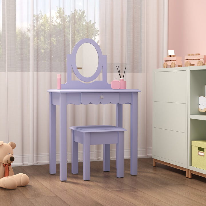 HLR® Princess 2-in-1 Wooden Kids Vanity Set with Detachable Mirror, Drawer & Stool – Pretend Play Makeup Desk for Girls Ages 3+