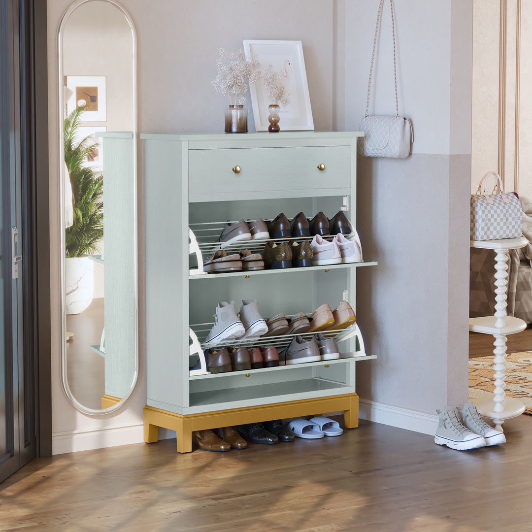 HLR® Space-Saving Hidden Shoe Cabinet – 2 Flip-Doors & 1 Drawer – Compact Storage for Entryway & Front Door