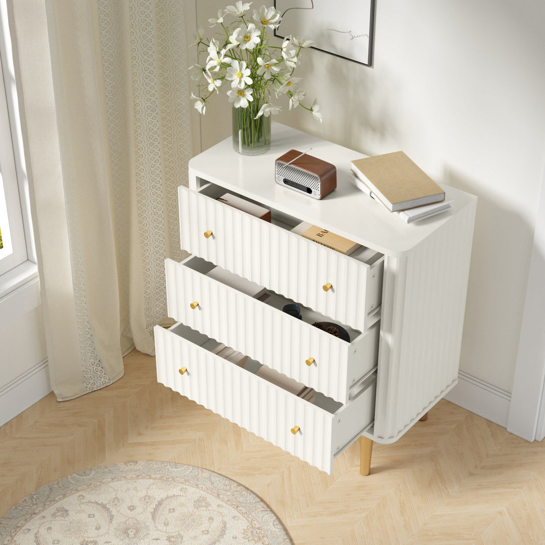 HLR® White Modern Tall Wood Dresser 3-Drawer Storage Cabinet with Fluted Texture – Stylish Organizer for Bedroom, Closet, Living Room & Hallway