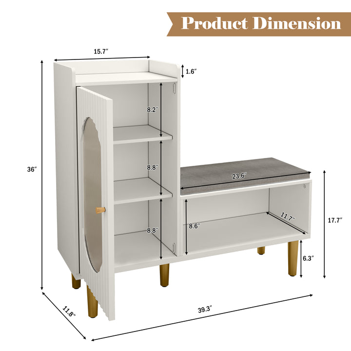HLR® Modern Shoe Cabinet Bench – Glass Door, Shelf & Padded Seat – Multifunctional Storage for Entryway & Hallway