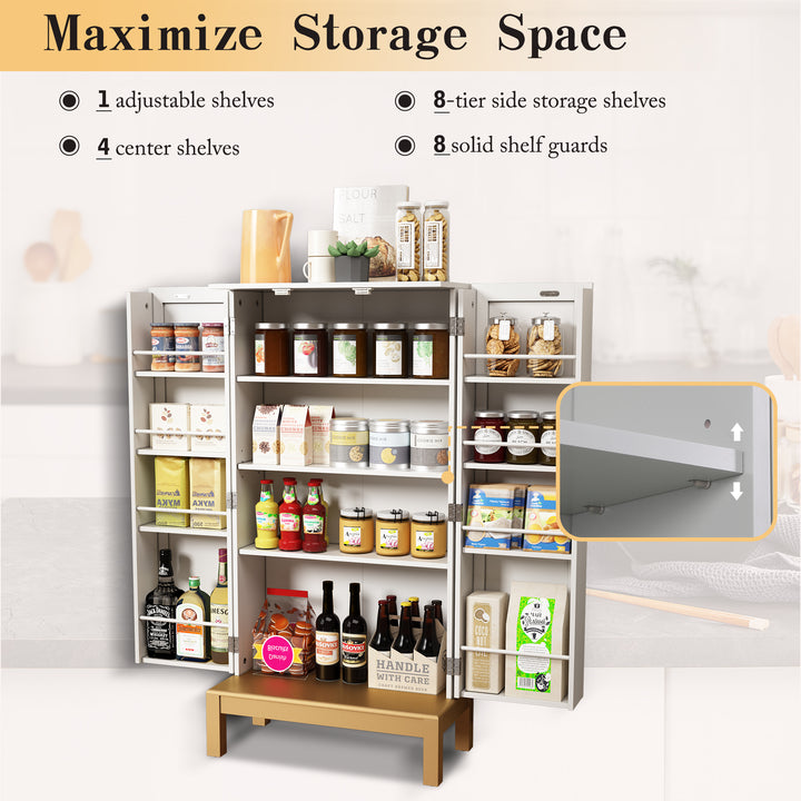 HLR® 45" Kitchen Pantry Cabinet with Gold Trim – Storage Cabinet for Kitchen & Dining Room