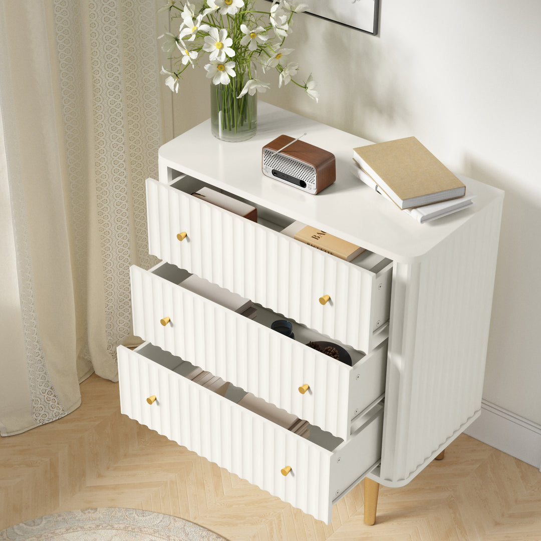 HLR® White Modern Tall Wood Dresser 3-Drawer Storage Cabinet with Fluted Texture – Stylish Organizer for Bedroom, Closet, Living Room & Hallway