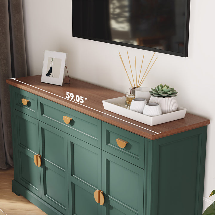 HLR® 59" Modern Large Sideboard Buffet Cabinet with 3 Drawers & 4 Doors – Organize Kitchen Clutter & Maximize Space, Green/White