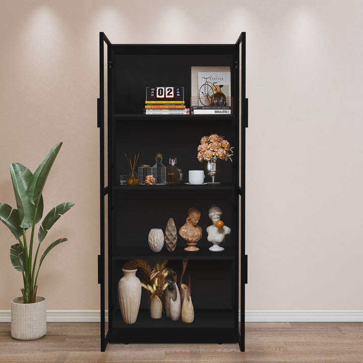 HLR® Modern Tall Glass-Door Curio Display Cabinet – 4-Tier Shelving for Collectibles – Stylish Showcase for Living Room & Home Office