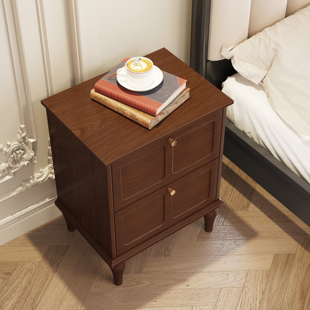 HLR® Mid-Century Modern Brown Nightstand – 2-Drawer Solid Wood End Table with Storage for Bedroom (Tapered Legs)