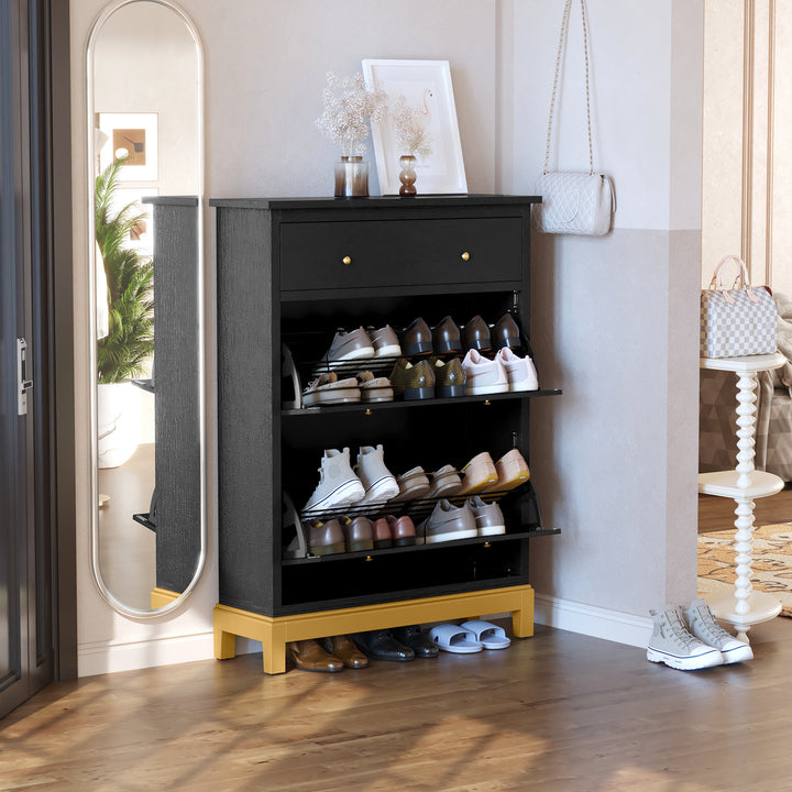 HLR® Space-Saving Hidden Shoe Cabinet – 2 Flip-Doors & 1 Drawer – Compact Storage for Entryway & Front Door