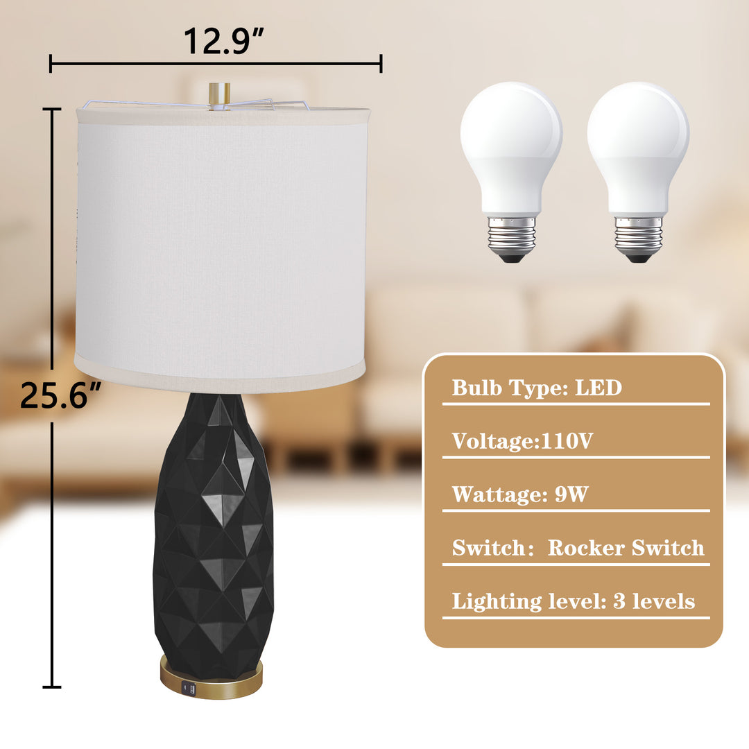 HLR® Set of 2 Modern 3-Way Dimmable Table Lamps with LED Bulbs Included and USB Charging Port for Bedside and Living Room Use