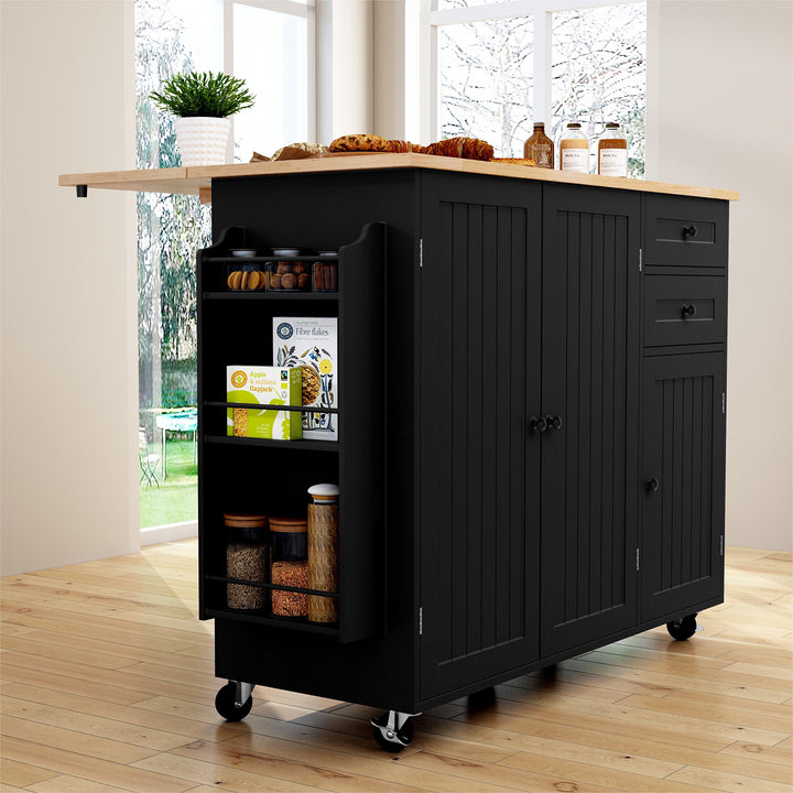 HLR® 50.4" Multifunctional Wooden Kitchen Island – 3 Doors, 2 Drawers, Spice Rack & Storage (Prep & Organization Cart)
