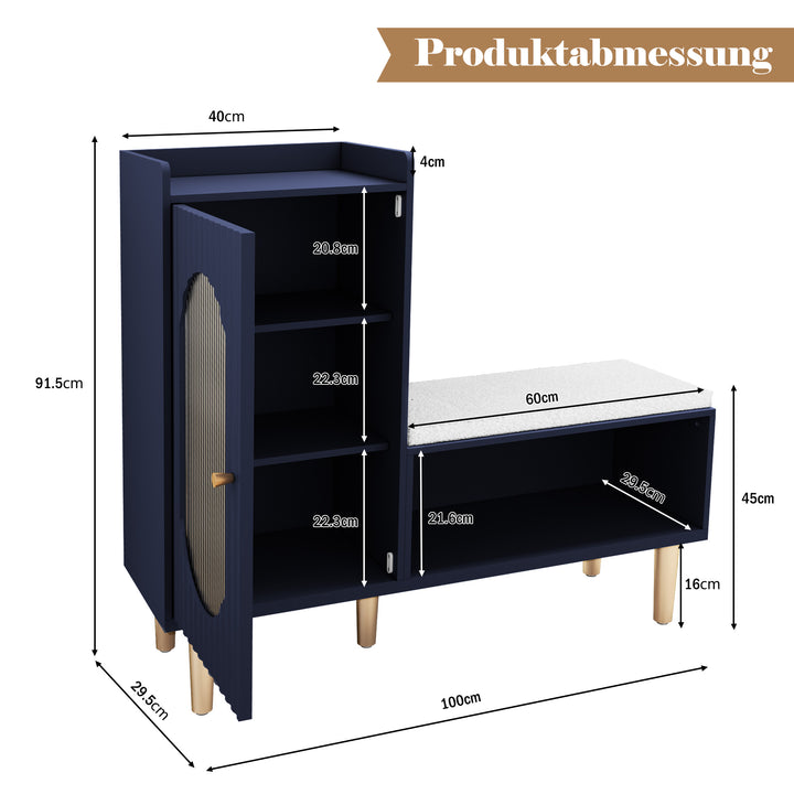 HLR® Modern Shoe Cabinet Bench – Glass Door, Shelf & Padded Seat – Multifunctional Storage for Entryway & Hallway