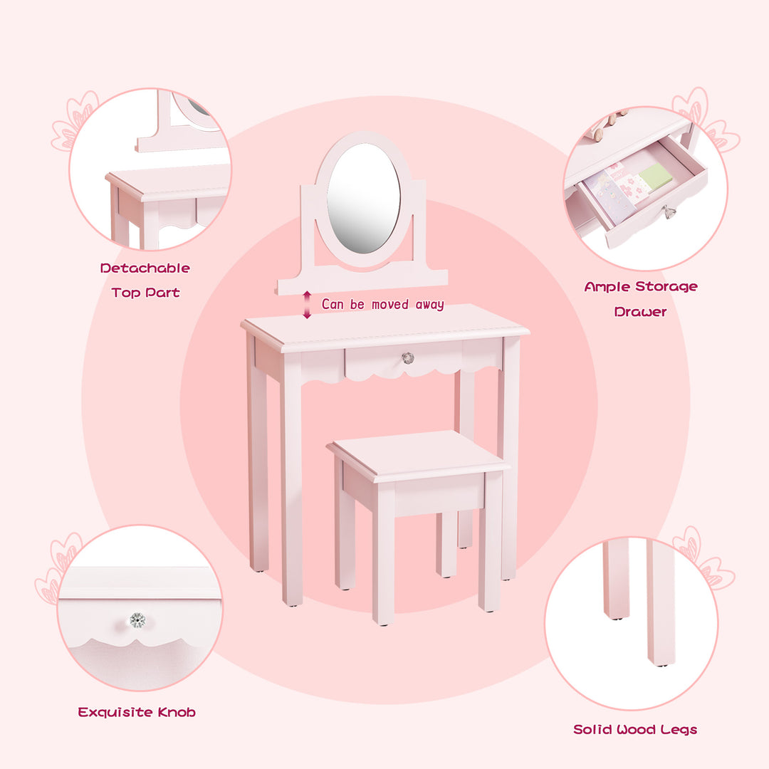 HLR® Princess 2-in-1 Wooden Kids Vanity Set with Detachable Mirror, Drawer & Stool – Pretend Play Makeup Desk for Girls Ages 3+