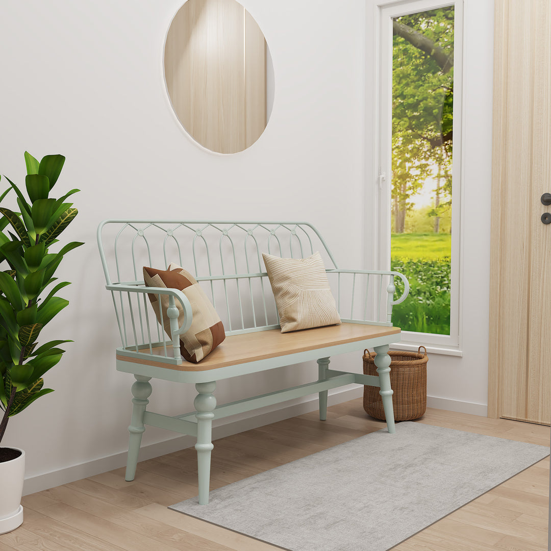 HLR® Mid-Century Modern Entryway Bench – Metal Frame with Solid Wood Legs | Industrial Hallway Seating with Retro Charm
